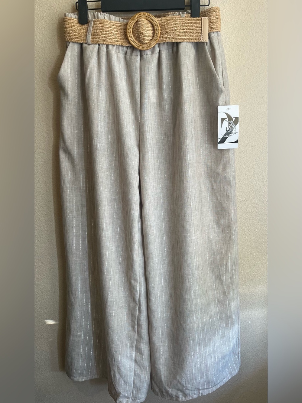 Linen-Blend High-Waist pants with Woven Belt - Cream